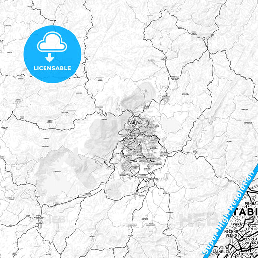 Itabira, Brazil light map with streetnames, citynames and districts