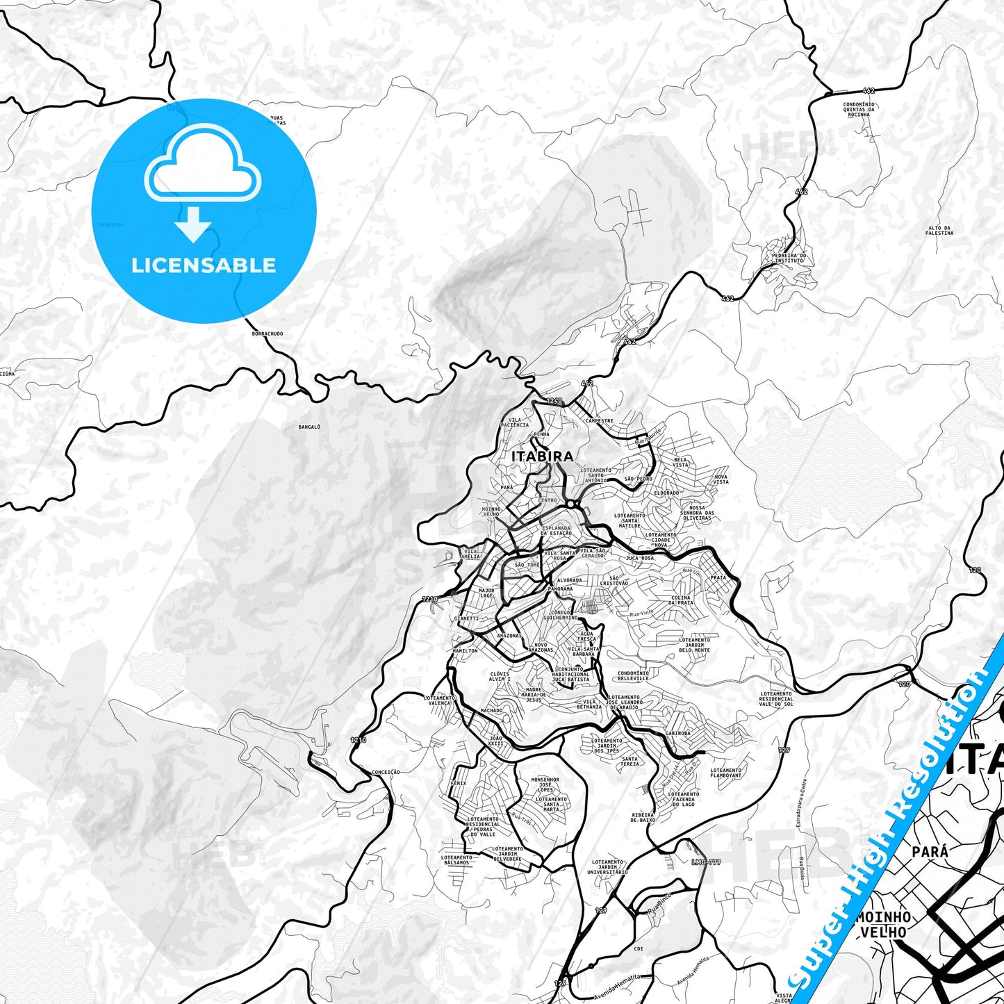 Itabira, Brazil Light Map with Street Names, City Names, and Districts