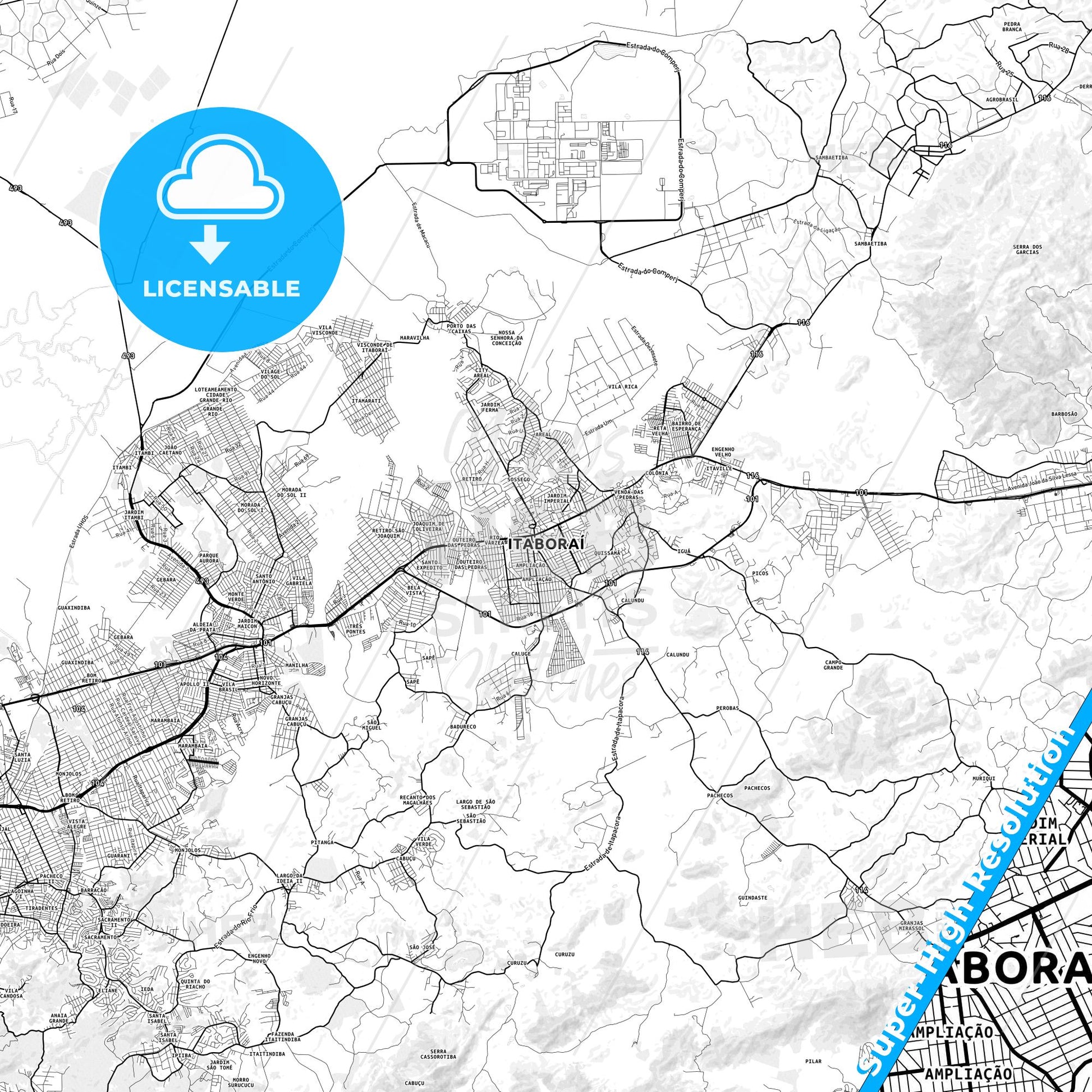 Itaborai, Brazil light map with streetnames, citynames and districts