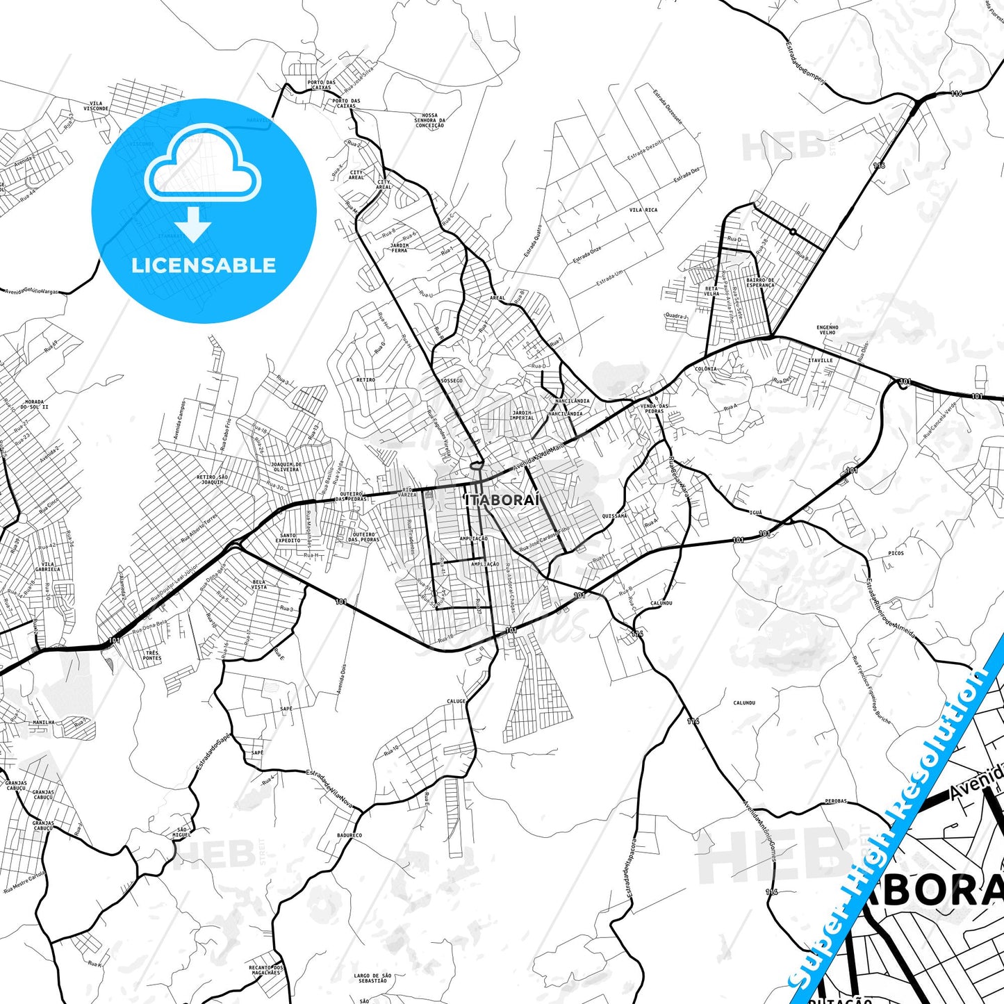 Itaborai, Brazil Light Map with Street Names, City Names, and Districts