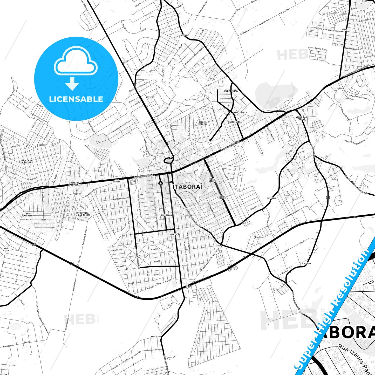 Itaborai, Brazil Light Map with Street Names, City Names, and Districts