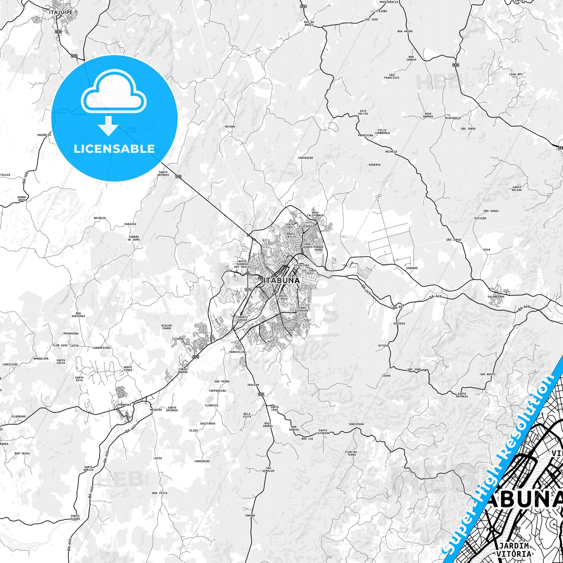 Itabuna, Brazil light map with streetnames, citynames and districts