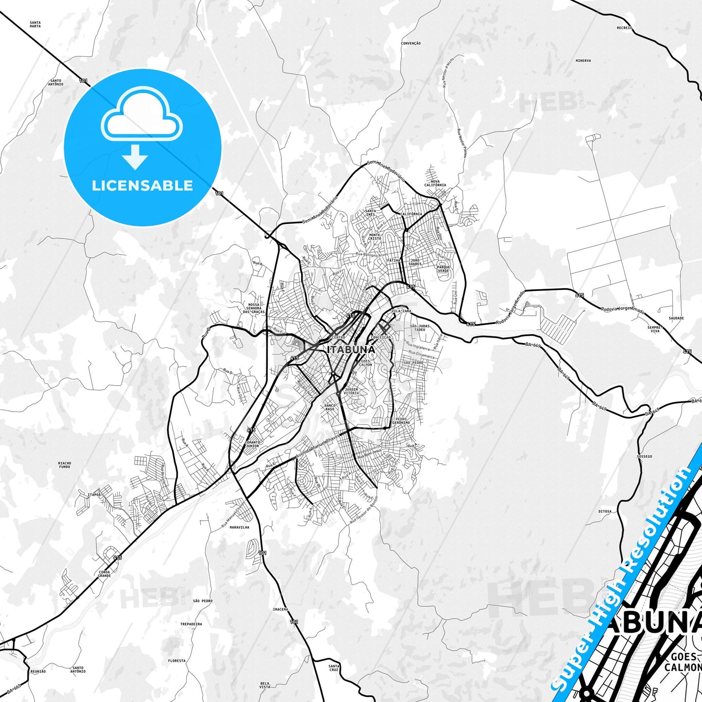 Itabuna, Brazil Light Map with Street Names, City Names, and Districts