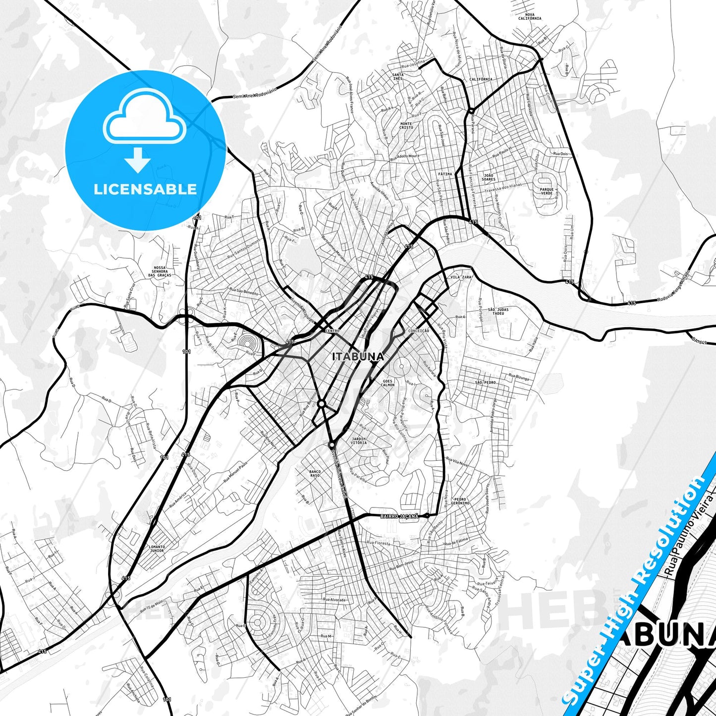 Itabuna, Brazil Light Map with Street Names, City Names, and Districts