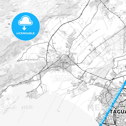 Itaguai, Brazil light map with streetnames, citynames and districts