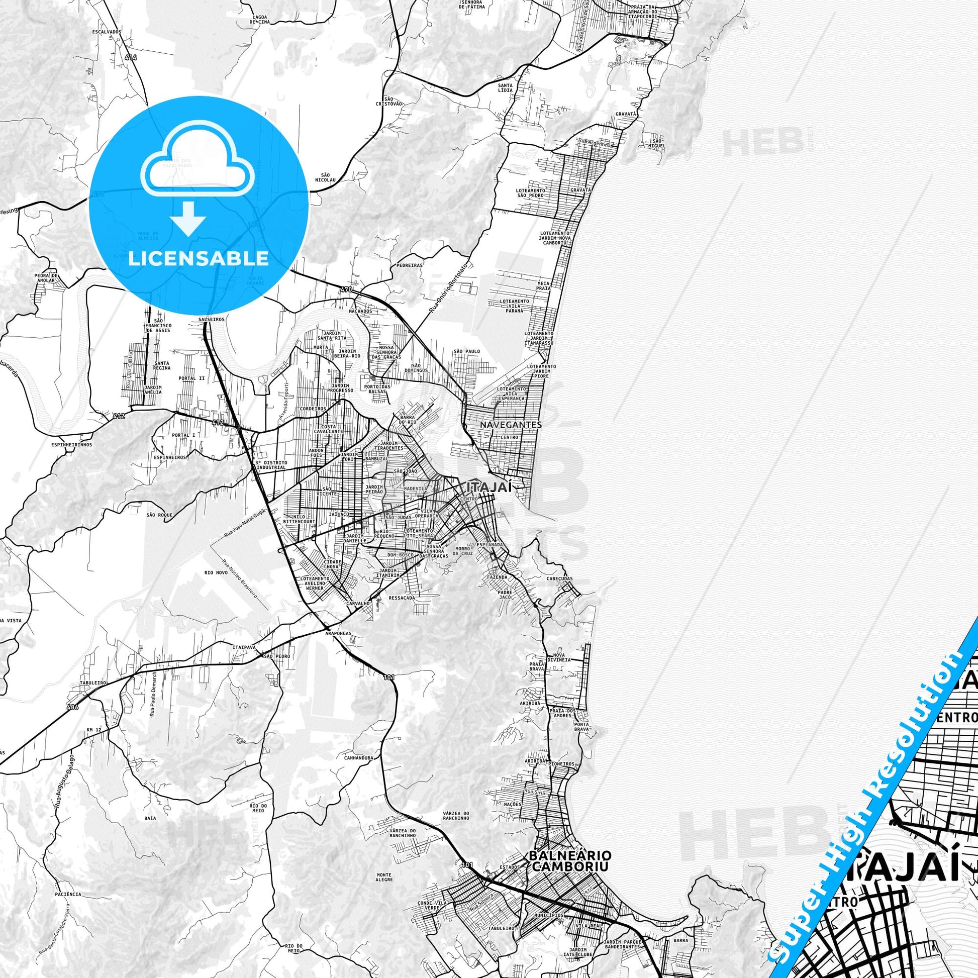 Itajai, Brazil light map with streetnames, citynames and districts