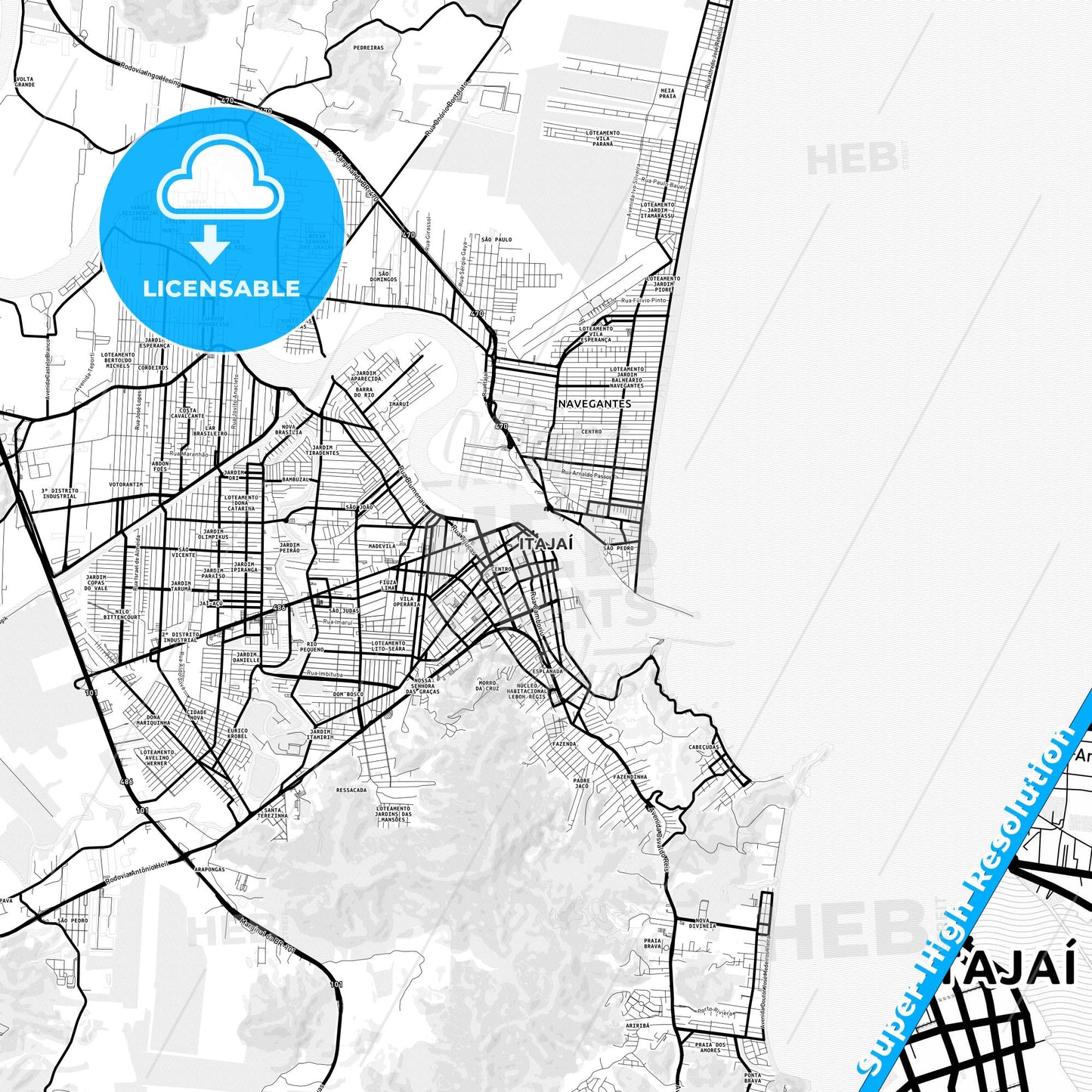 Itajai, Brazil Light Map with Street Names, City Names, and Districts