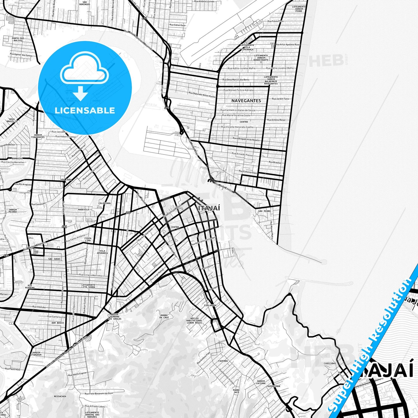 Itajai, Brazil Light Map with Street Names, City Names, and Districts