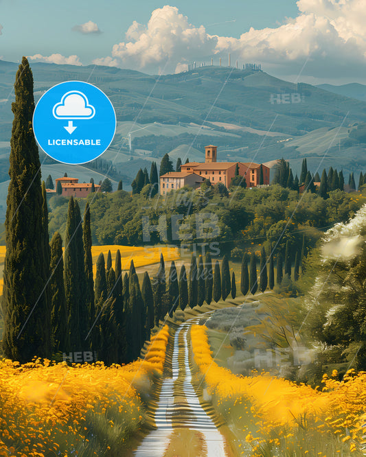 Vibrant Italian Valley Landscape Painting with Road, Trees, and Buildings