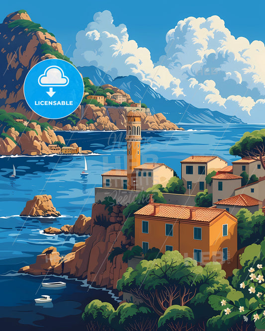 Striking Art Print: Vibrant Italian Coastal Town on Rocky Shores, Europe, Painting, Artistic