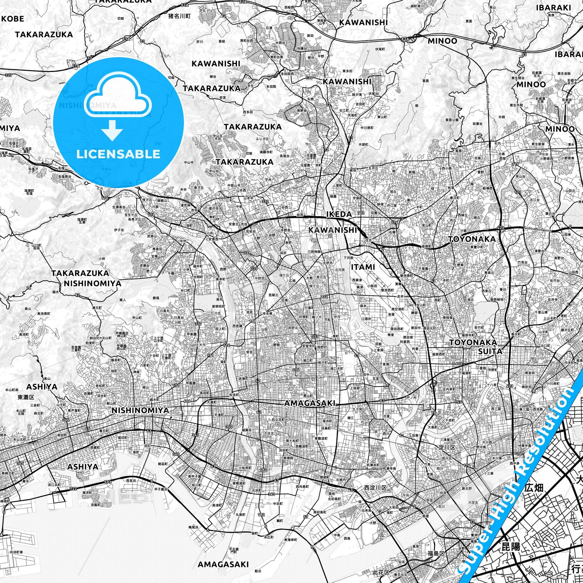 Itami, Japan light map with streetnames, citynames and districts