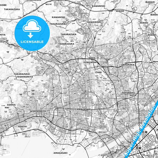 Itami, Japan light map with streetnames, citynames and districts