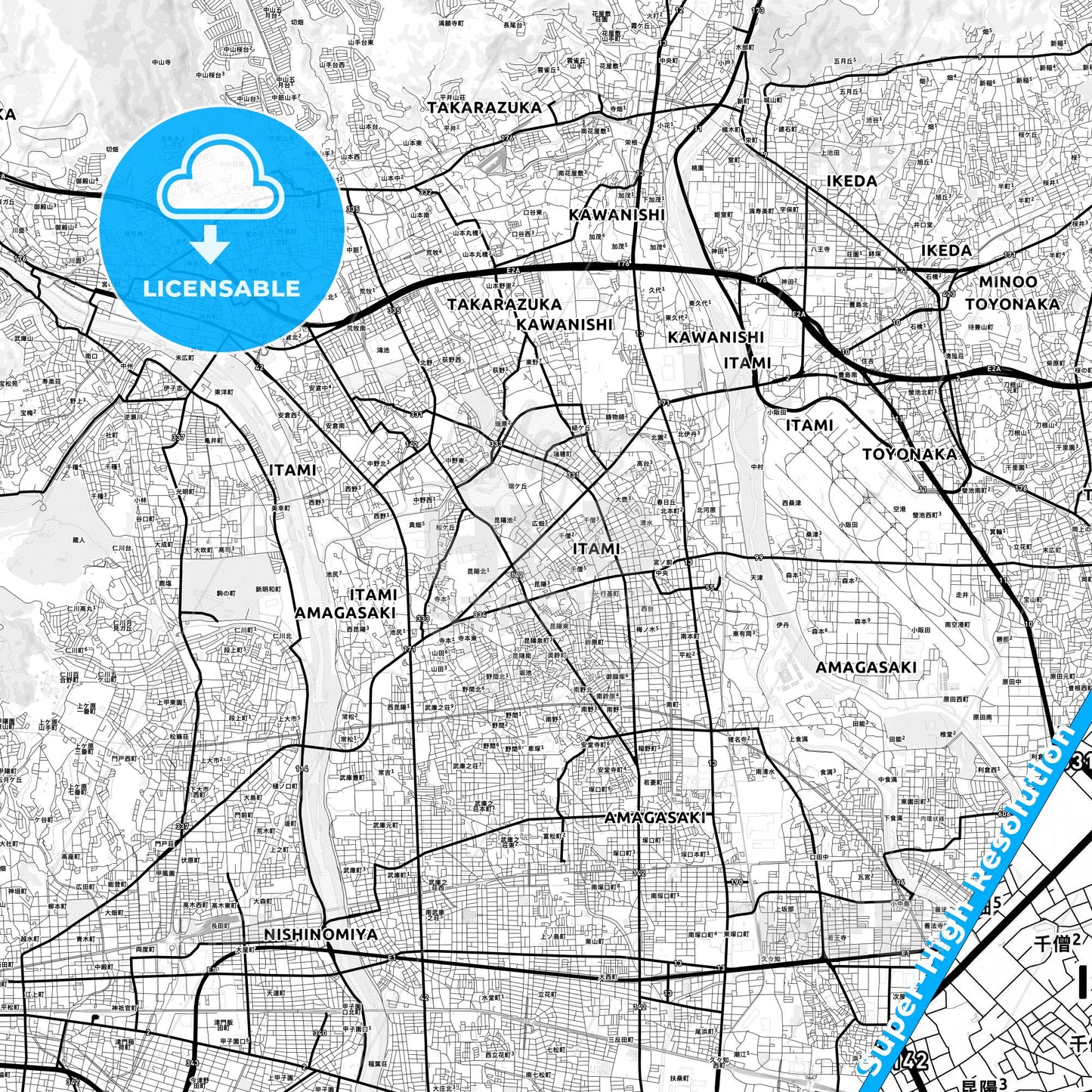 Itami, Japan Light Map with Street Names, City Names, and Districts
