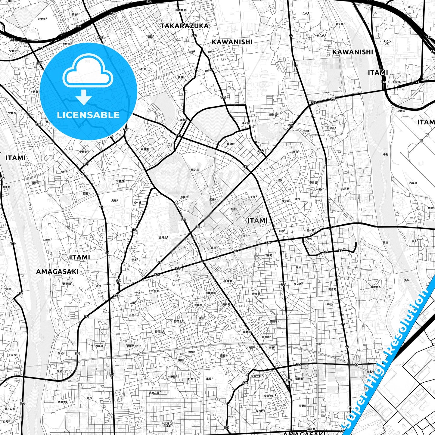 Itami, Japan Light Map with Street Names, City Names, and Districts