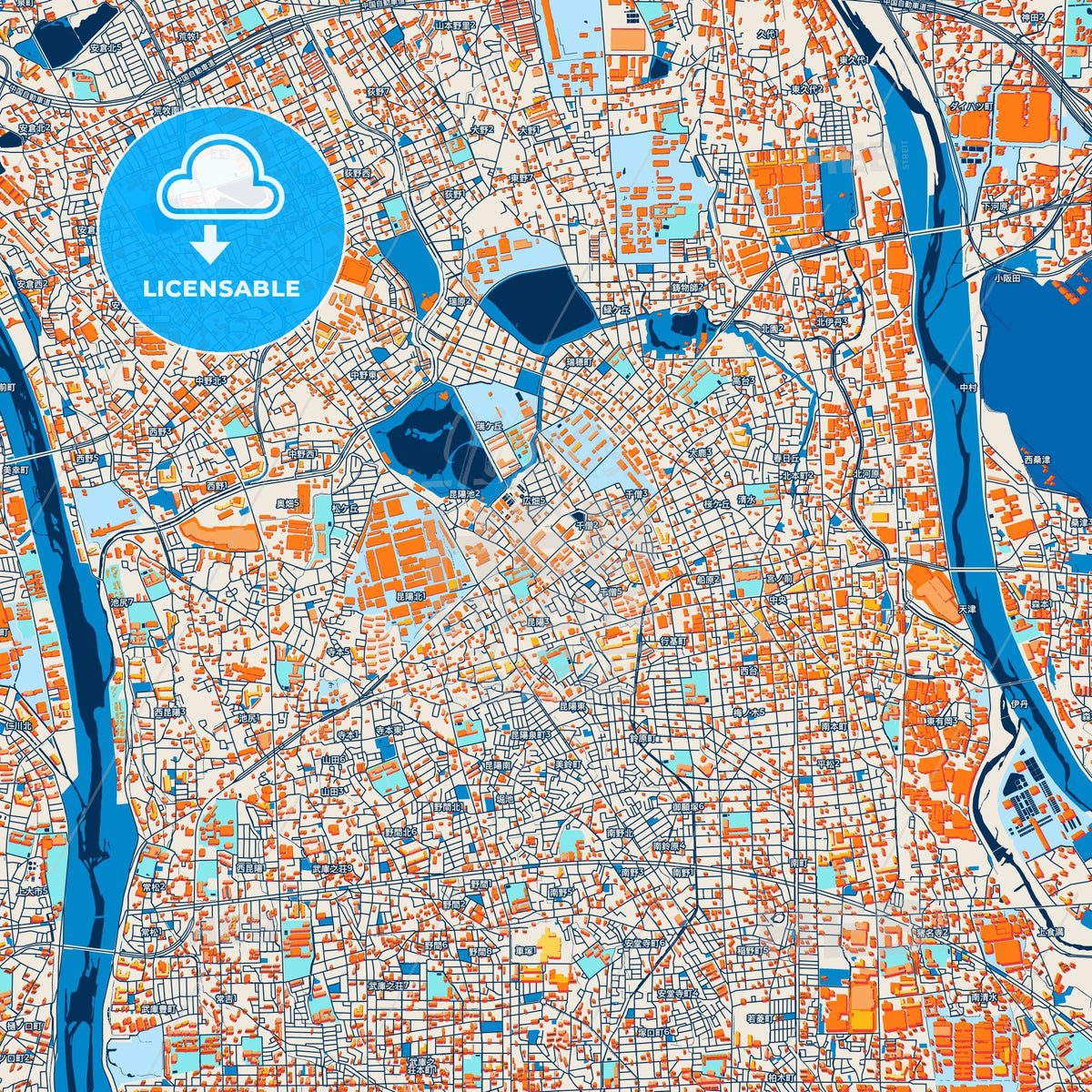 Colorful Itami Street Map with Labels and Buildings