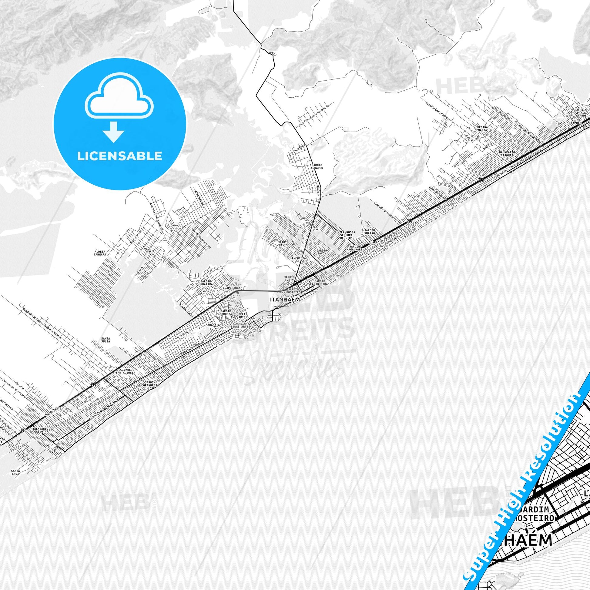 Itanhaem, Brazil light map with streetnames, citynames and districts