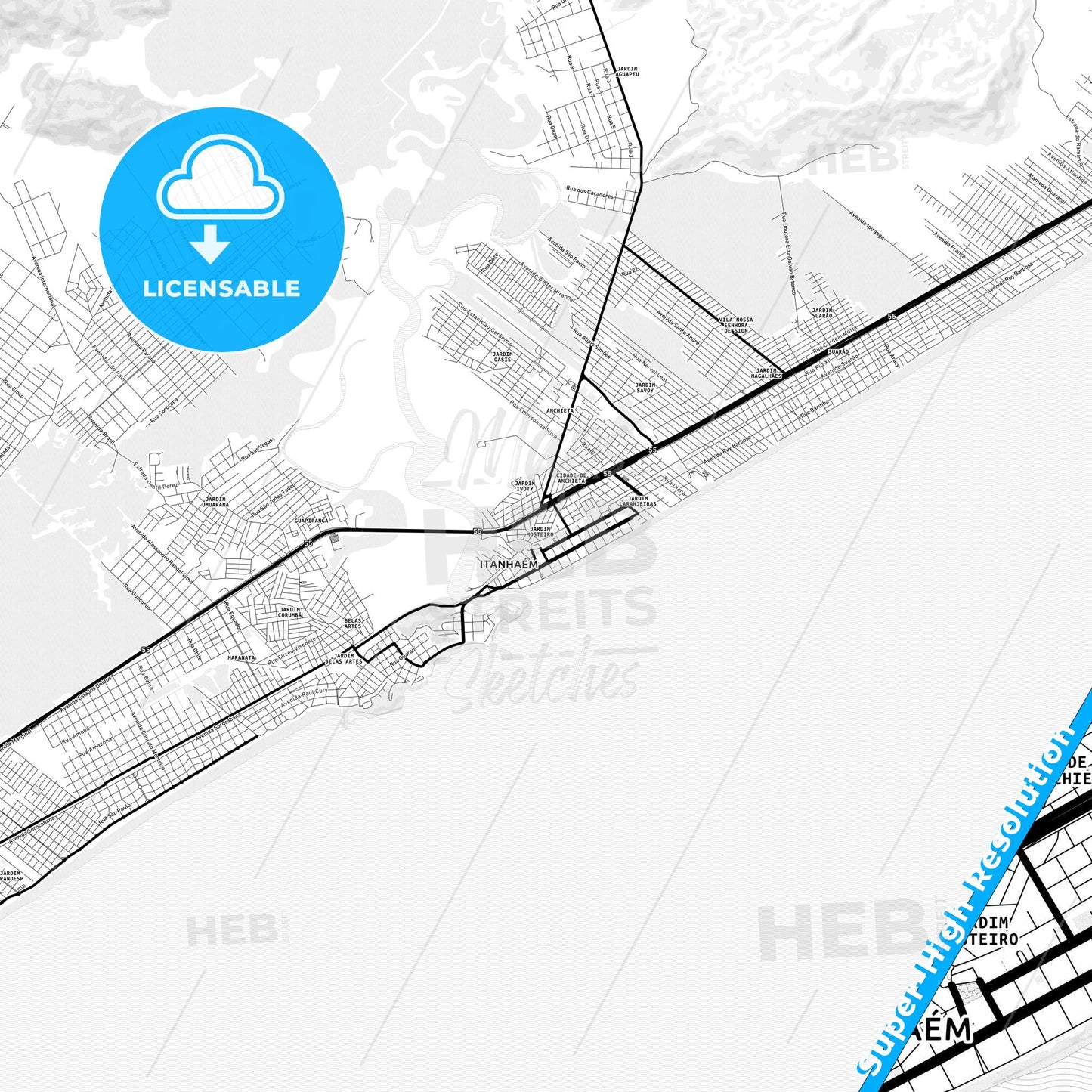 Itanhaem, Brazil Light Map with Street Names, City Names, and Districts