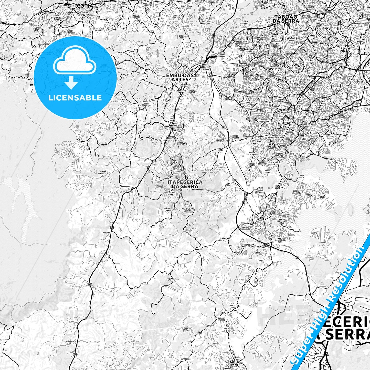 Itapecerica da Serra, Brazil light map with streetnames, citynames and districts