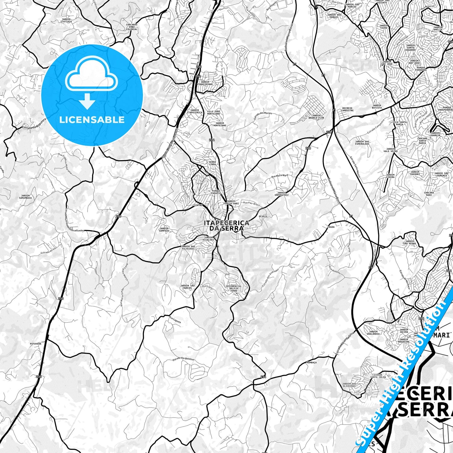 Itapecerica da Serra, Brazil Light Map with Street Names, City Names, and Districts