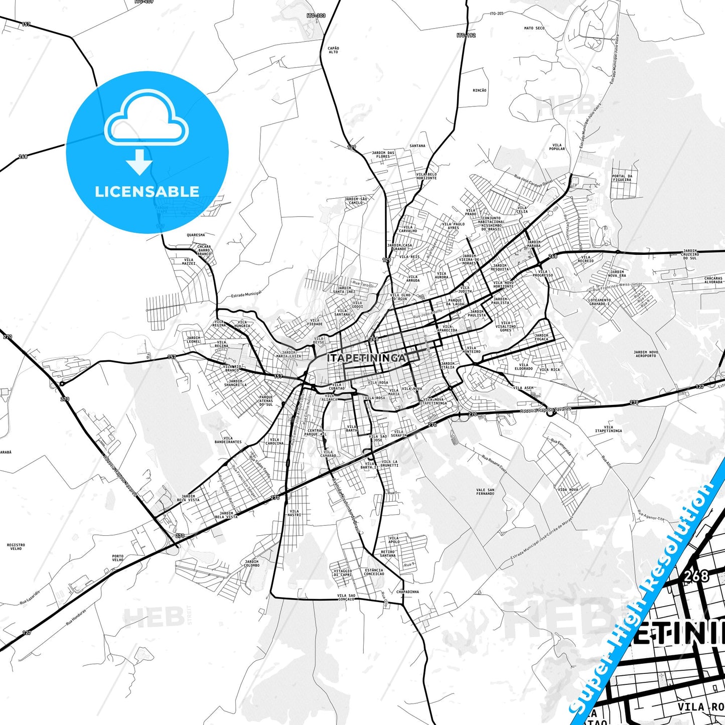 Itapetininga, Brazil Light Map with Street Names, City Names, and Districts