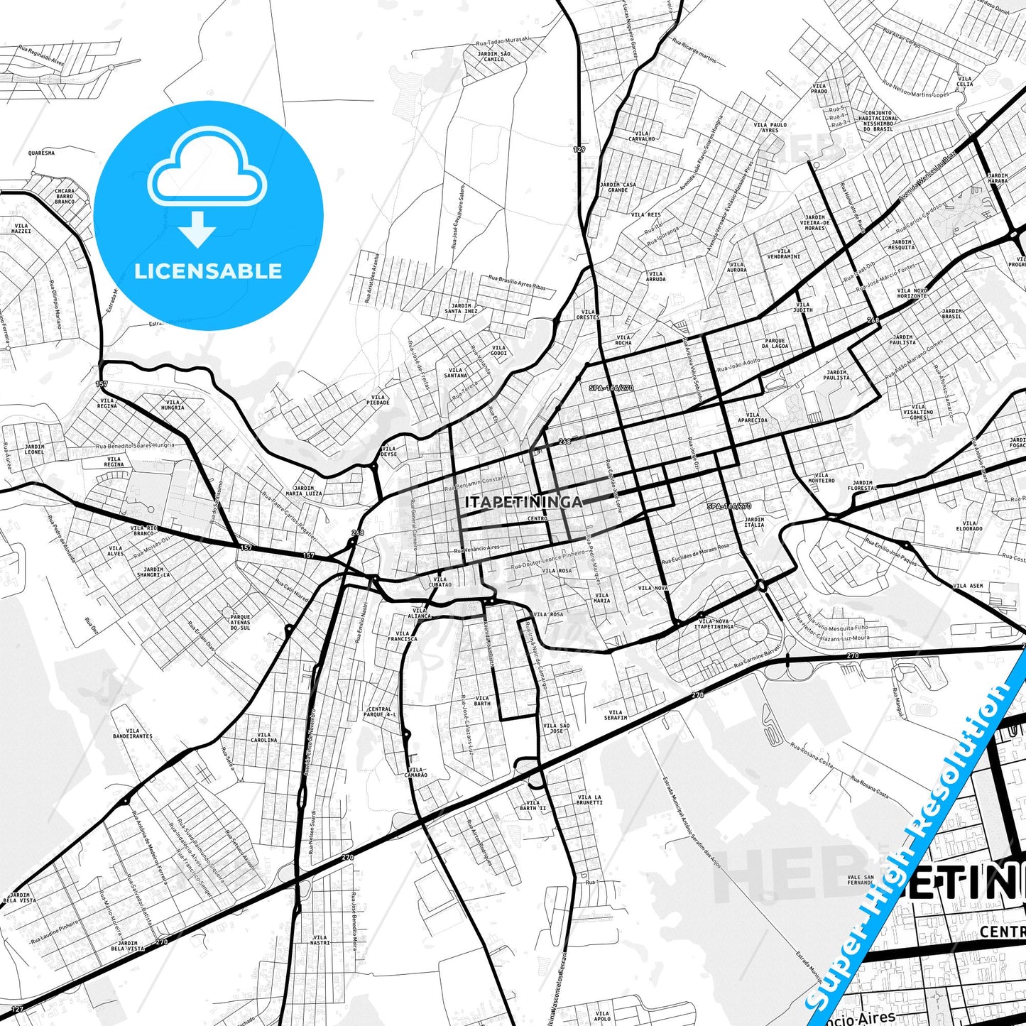 Itapetininga, Brazil Light Map with Street Names, City Names, and Districts