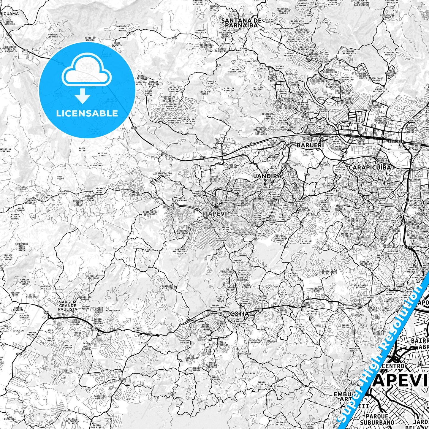 Itapevi, Brazil light map with streetnames, citynames and districts