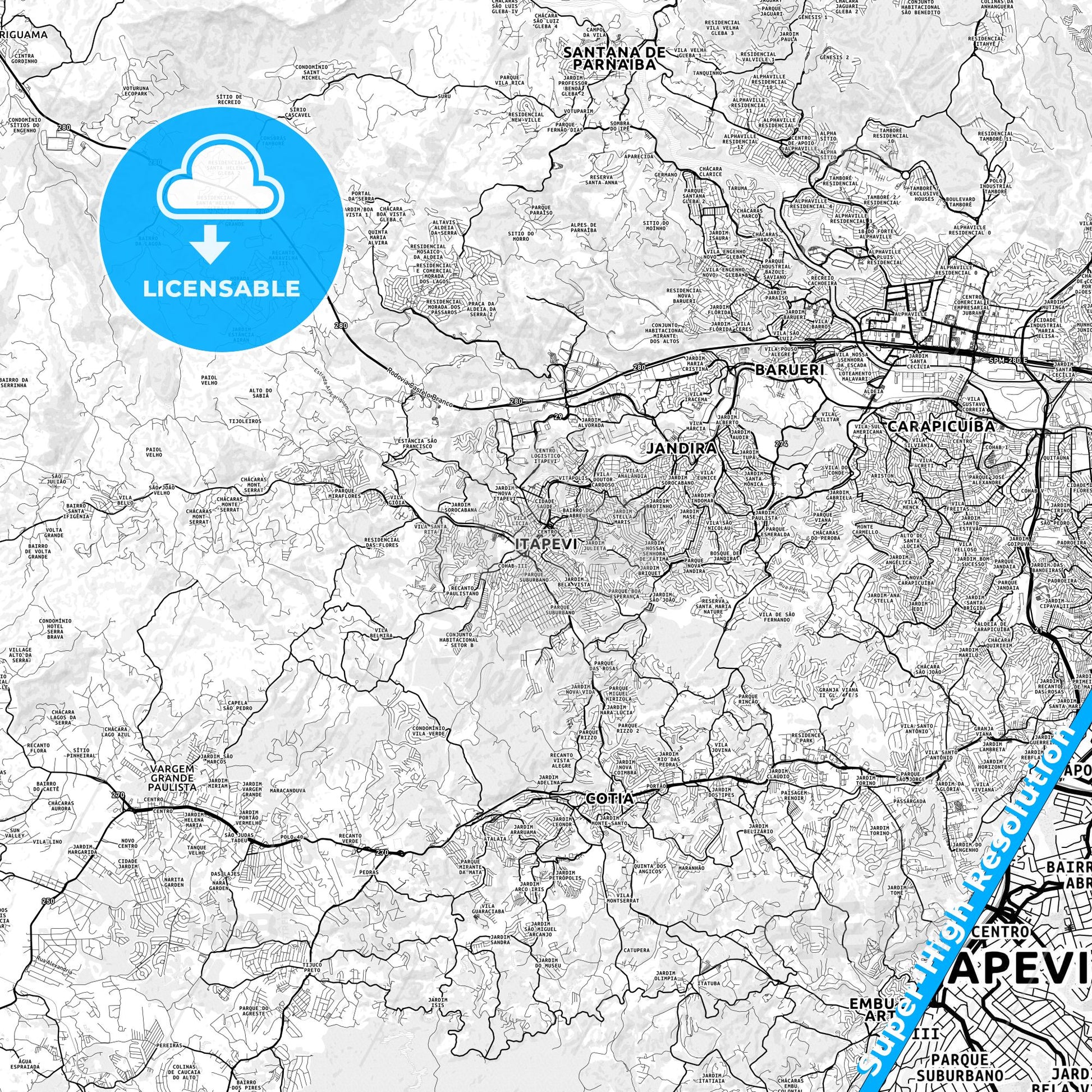 Itapevi, Brazil light map with streetnames, citynames and districts