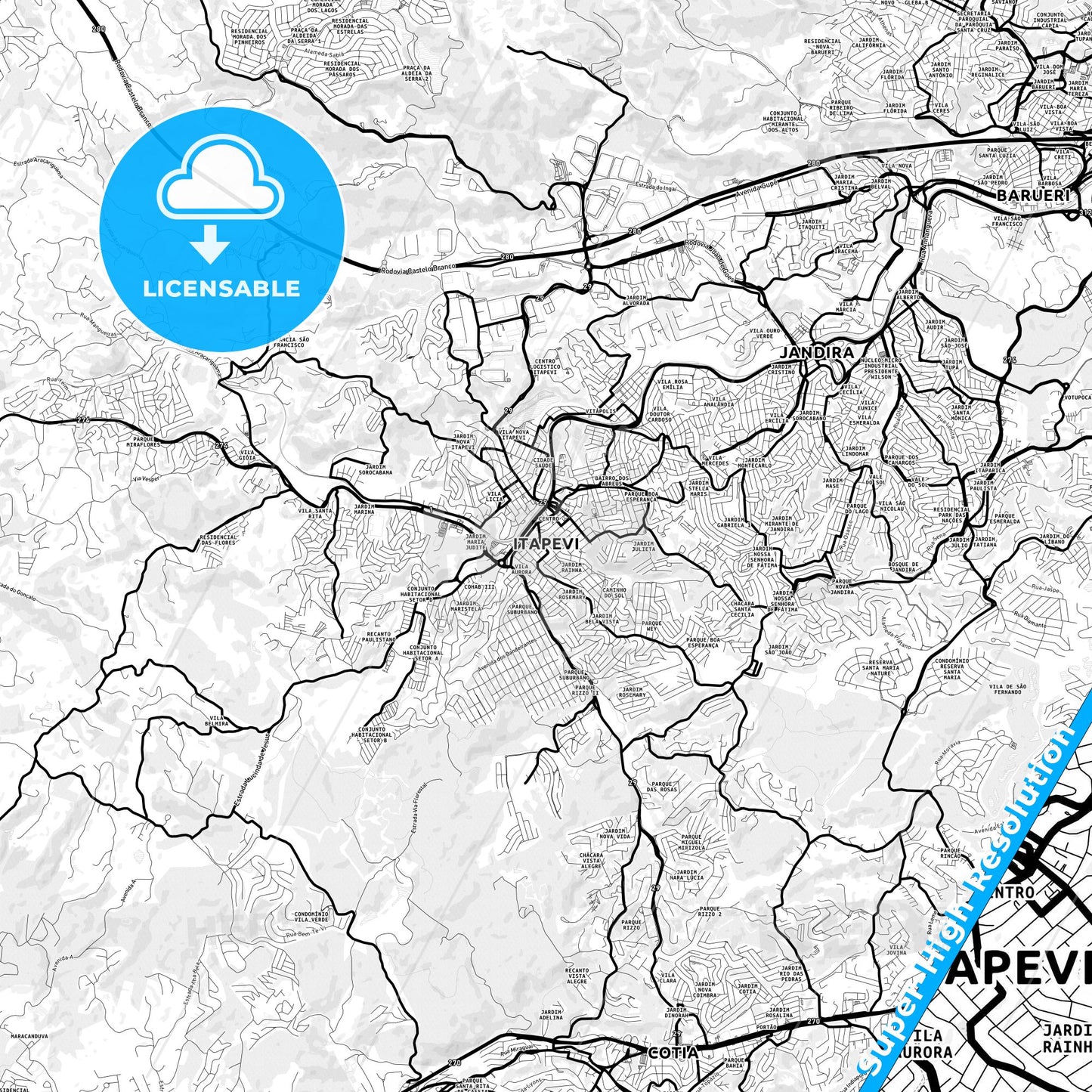 Itapevi, Brazil Light Map with Street Names, City Names, and Districts
