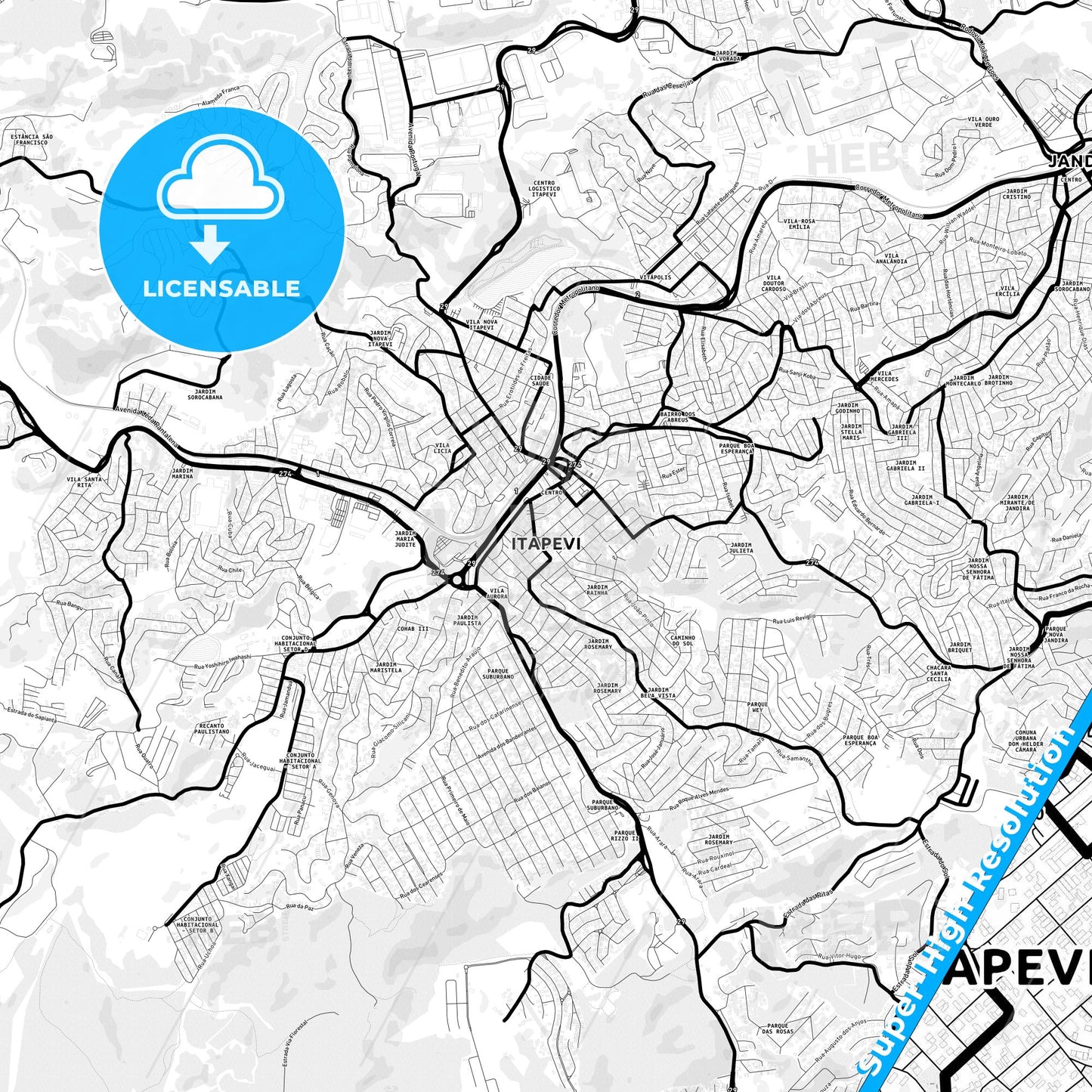 Itapevi, Brazil Light Map with Street Names, City Names, and Districts
