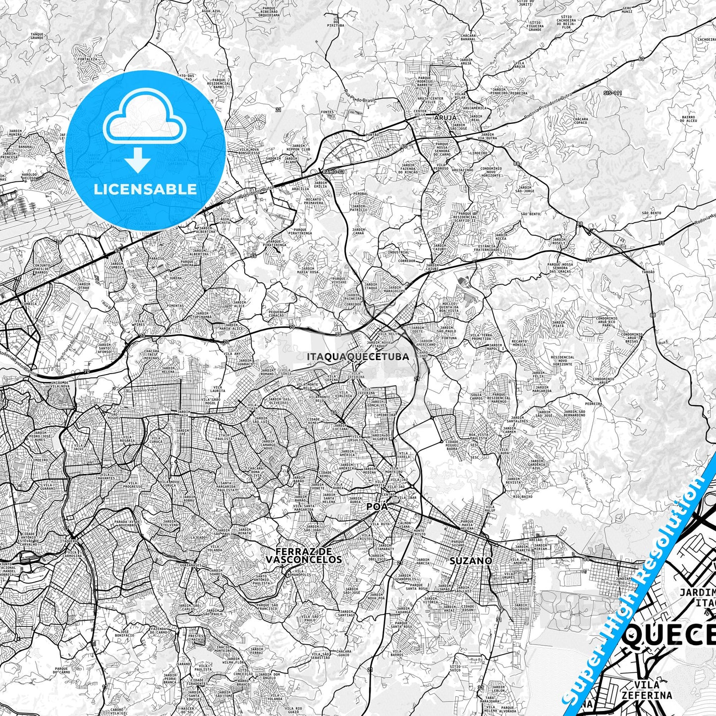 Itaquaquecetuba, Brazil light map with streetnames, citynames and districts