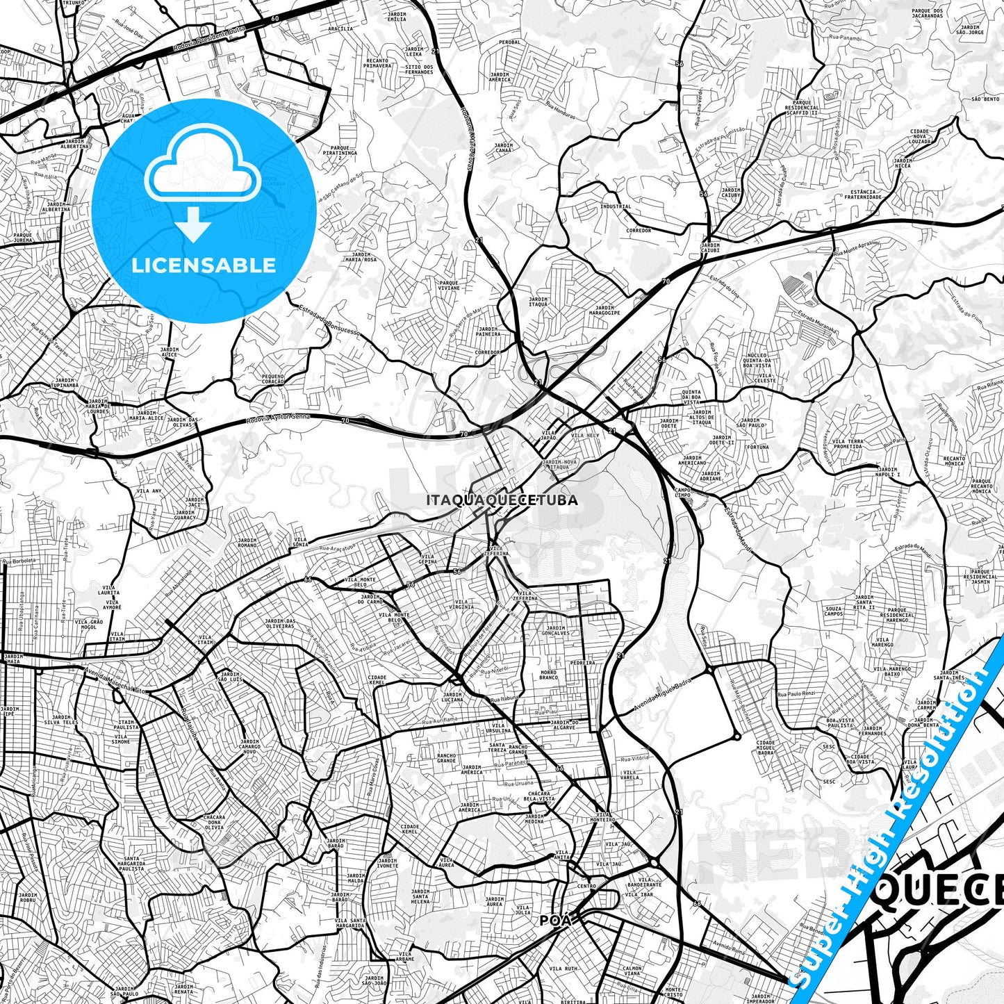 Itaquaquecetuba, Brazil Light Map with Street Names, City Names, and Districts