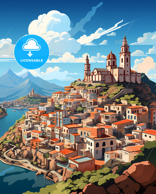 Vibrant Cartoon Town on a Hill: Itaquaquecetuba Brazil Cityscape Painting