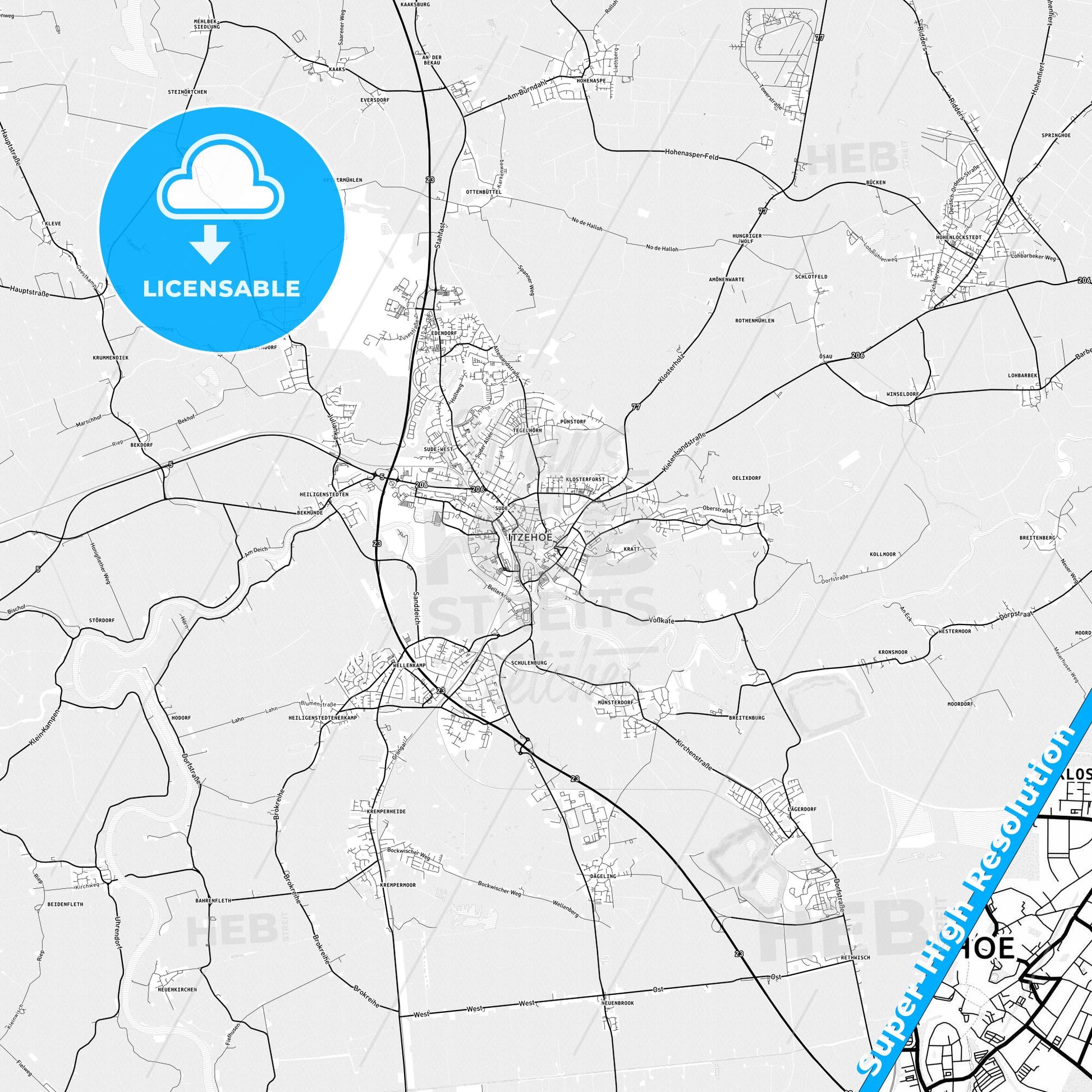 Itzehoe, Germany light map with streetnames, citynames and districts