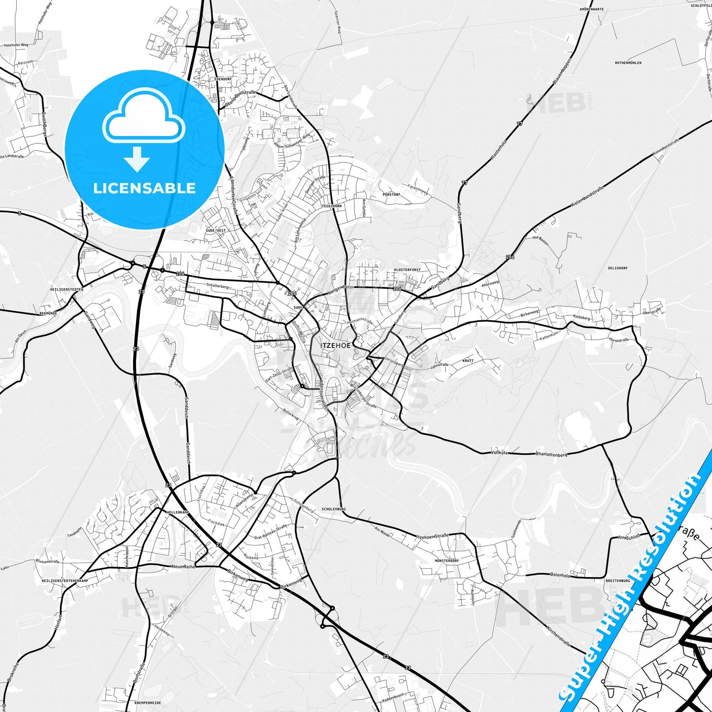 Itzehoe, Germany Light Map with Street Names, City Names, and Districts