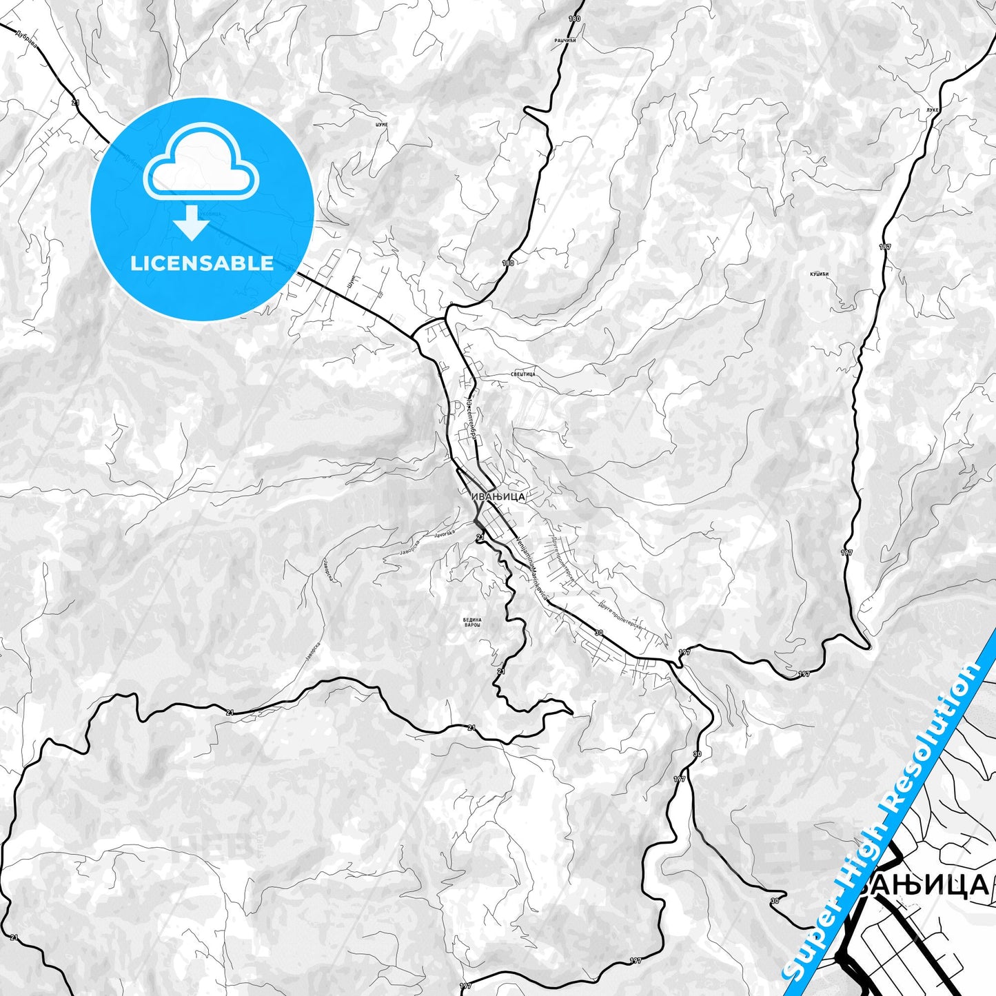 Ivanjica, Serbia Light Map with Street Names, City Names, and Districts