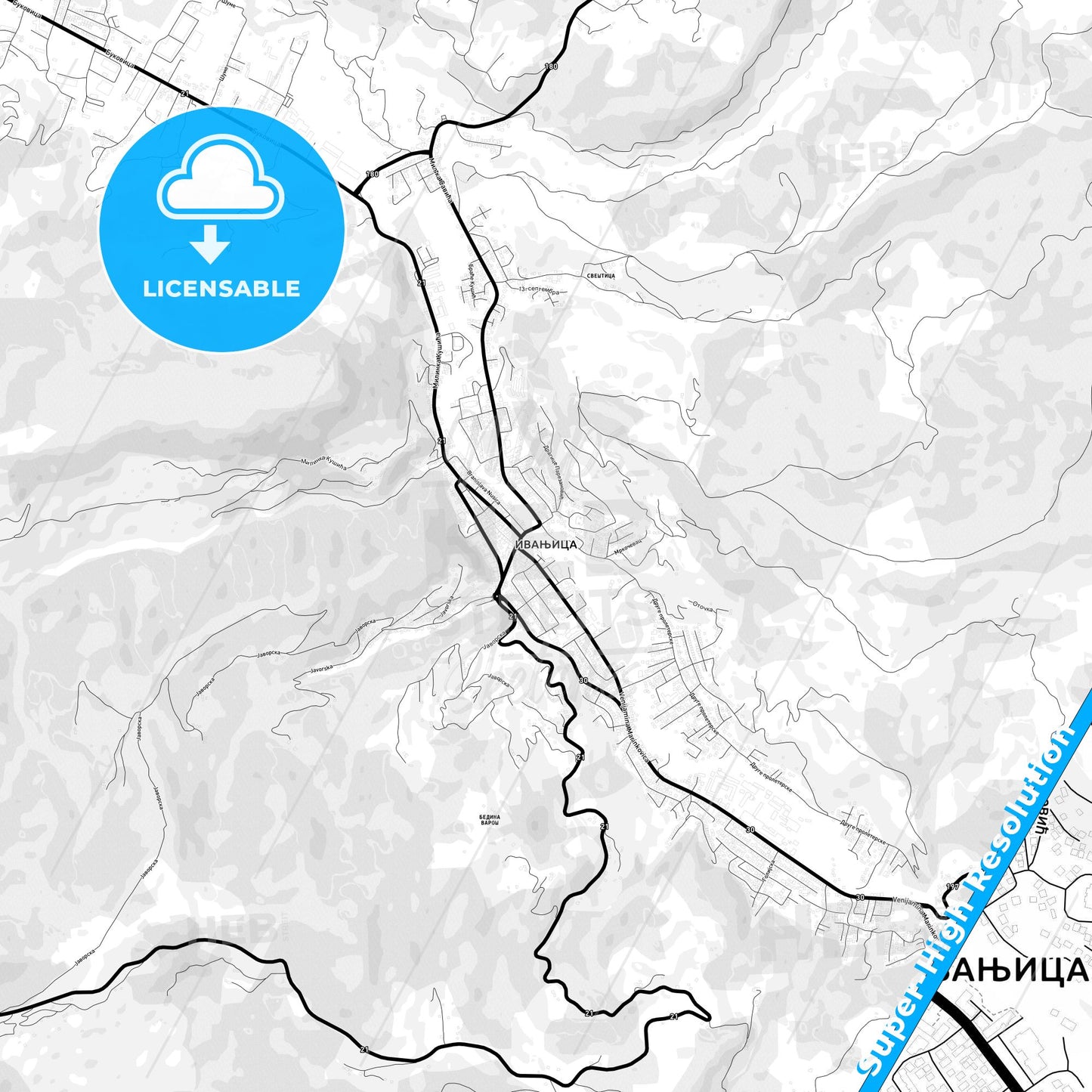 Ivanjica, Serbia Light Map with Street Names, City Names, and Districts
