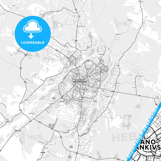 Ivano-Frankivsk, Ukraine light map with streetnames, citynames and districts