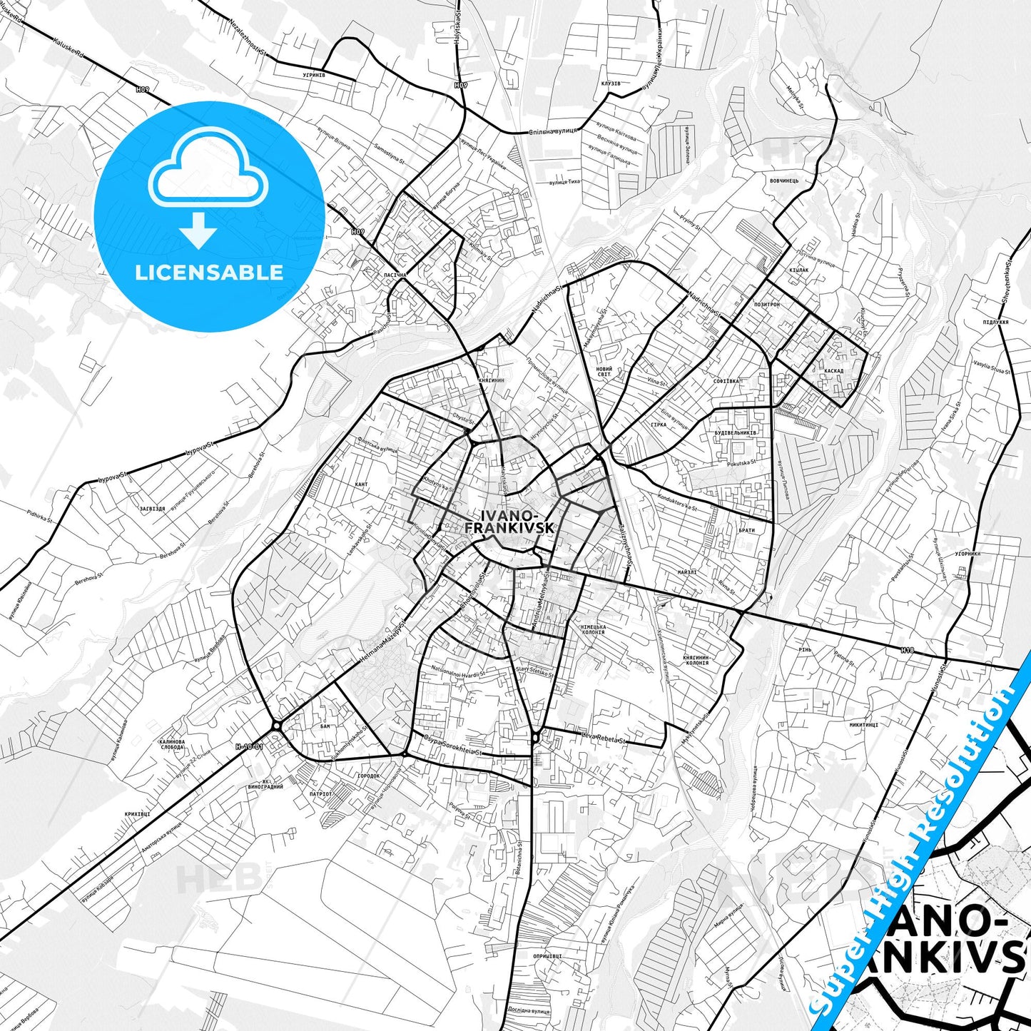 Ivano-Frankivsk, Ukraine Light Map with Street Names, City Names, and Districts