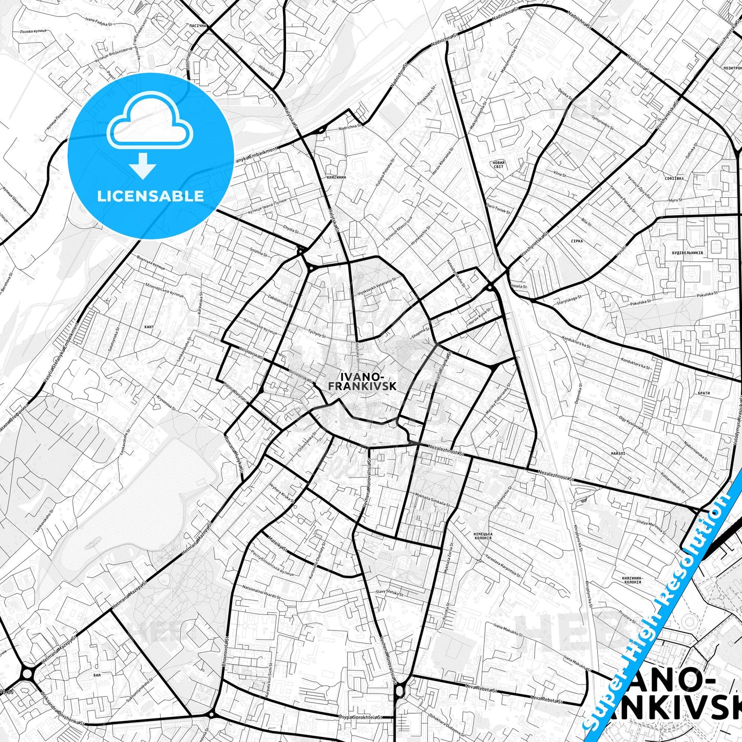 Ivano-Frankivsk, Ukraine Light Map with Street Names, City Names, and Districts