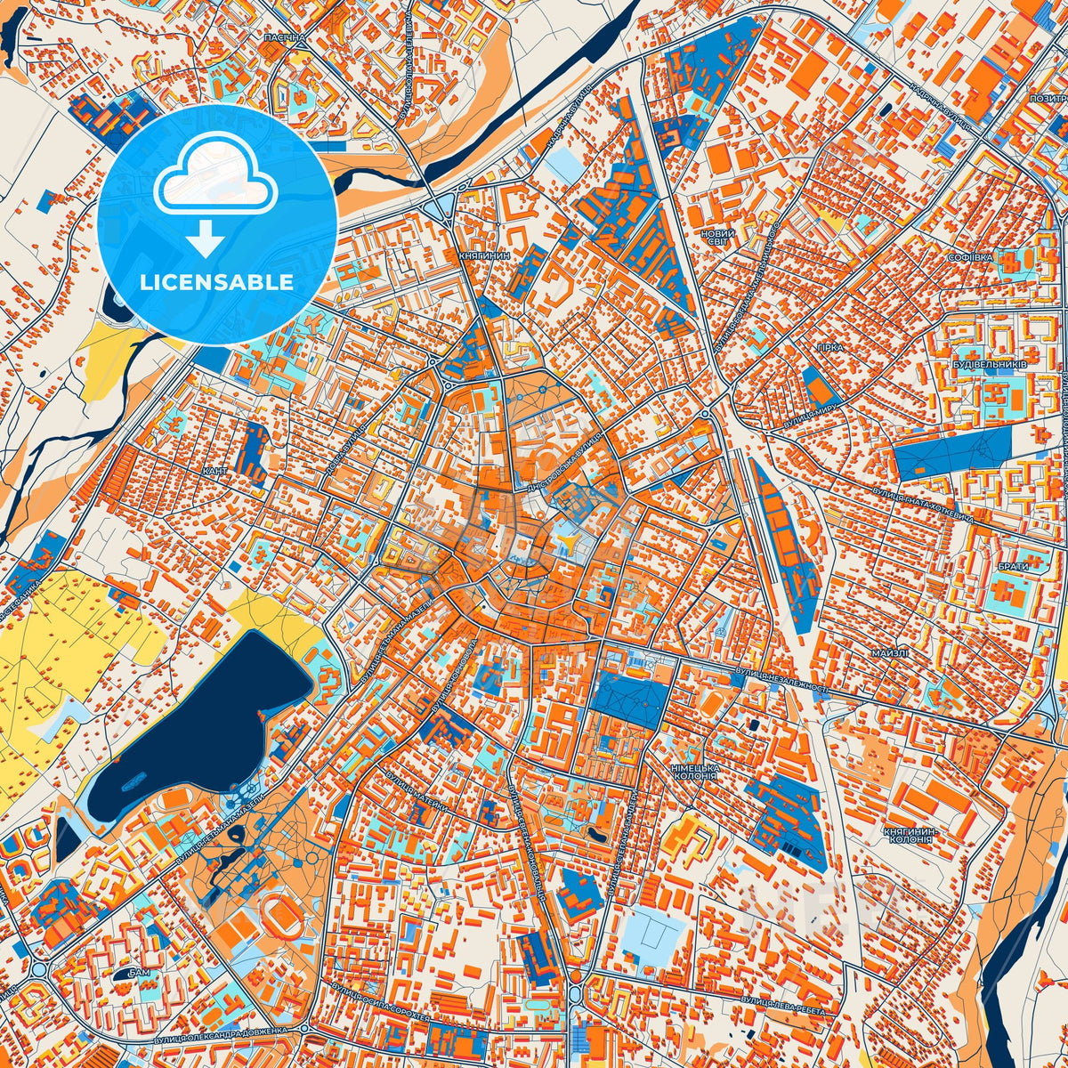 Colorful Ivano-Frankivsk Street Map with Labels and Buildings
