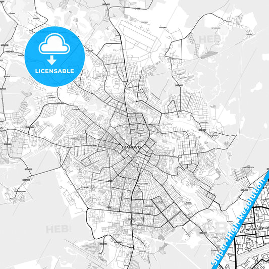 Ivanovo, Russia light map with streetnames, citynames and districts