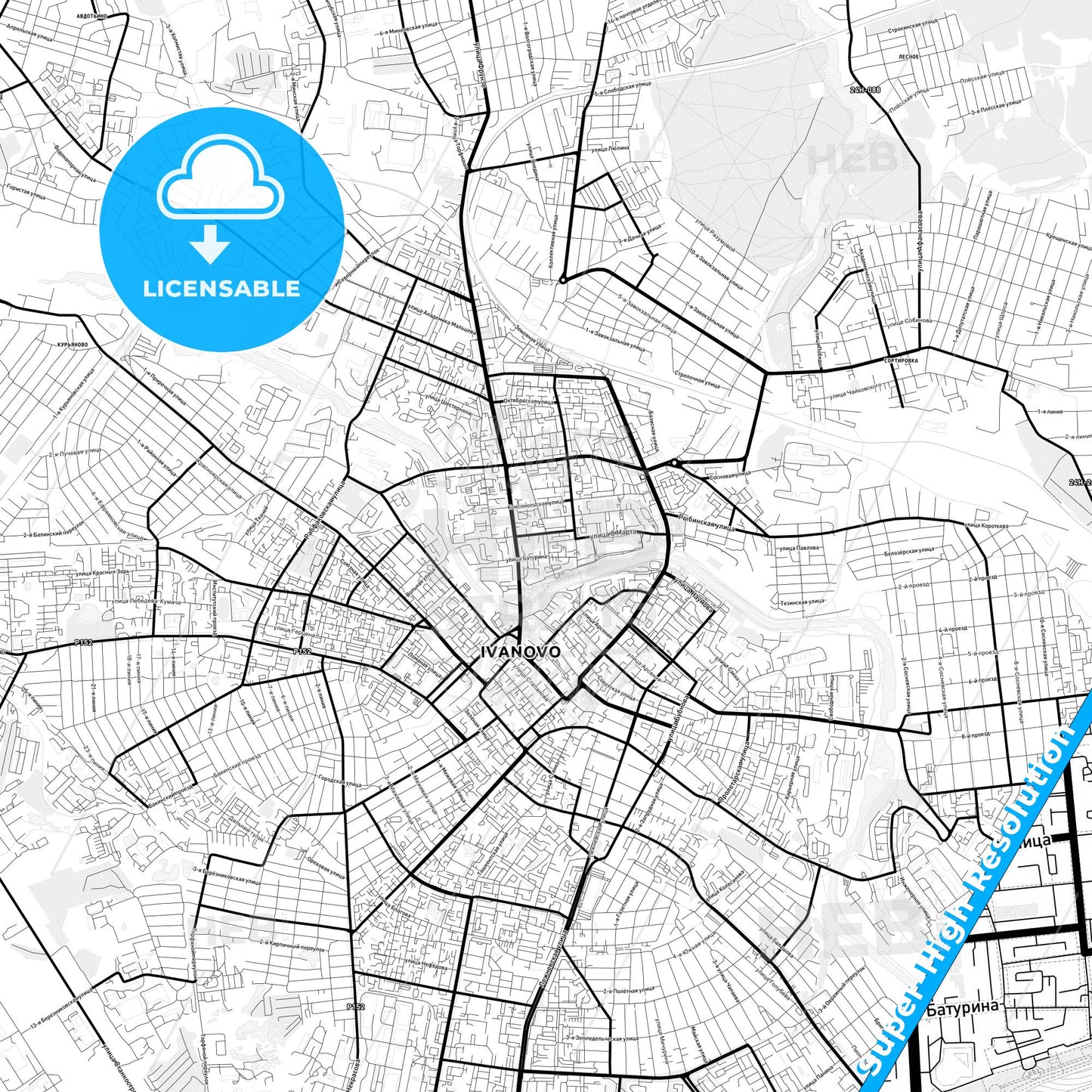 Ivanovo, Russia Light Map with Street Names, City Names, and Districts