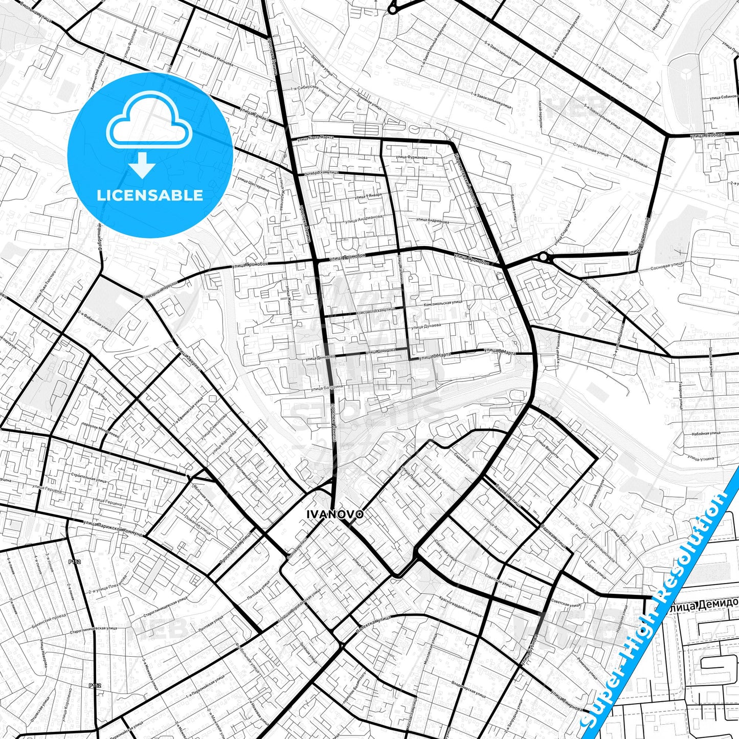 Ivanovo, Russia Light Map with Street Names, City Names, and Districts