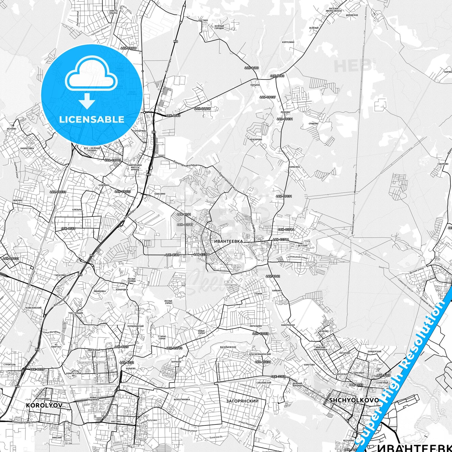 Ivanteyevka, Russia light map with streetnames, citynames and districts
