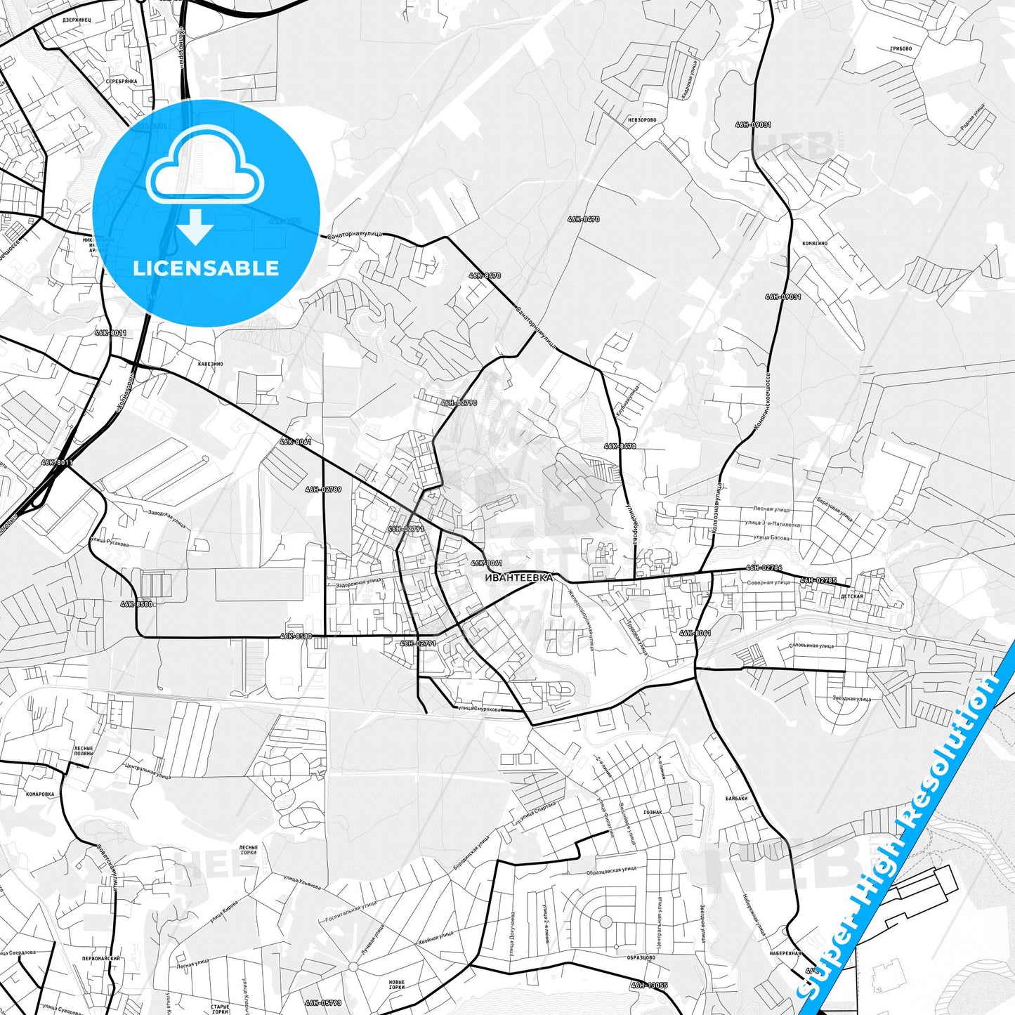 Ivanteyevka, Russia Light Map with Street Names, City Names, and Districts