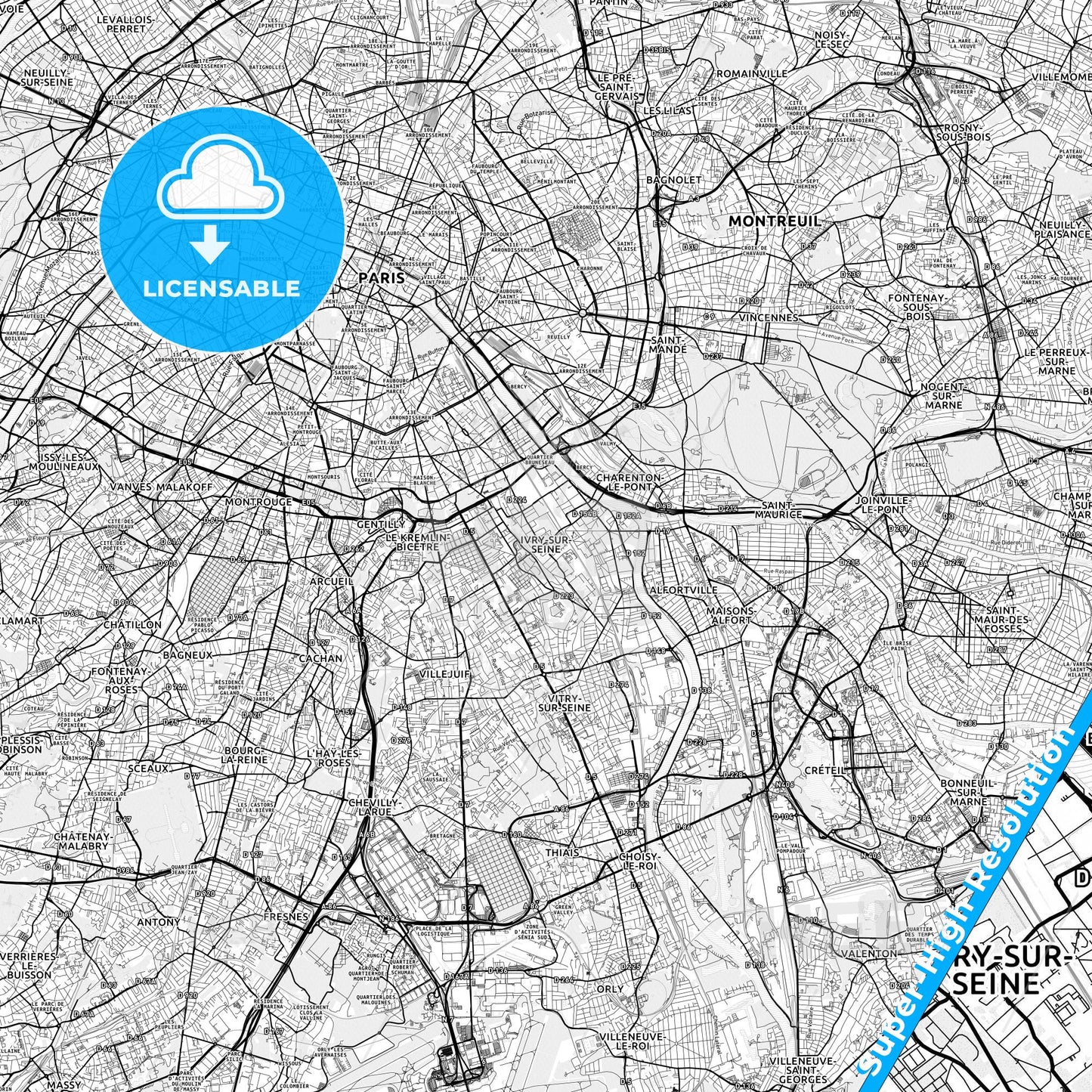 Ivry-sur-Seine, France light map with streetnames, citynames and districts