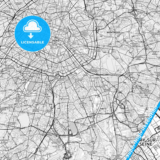Ivry-sur-Seine, France light map with streetnames, citynames and districts