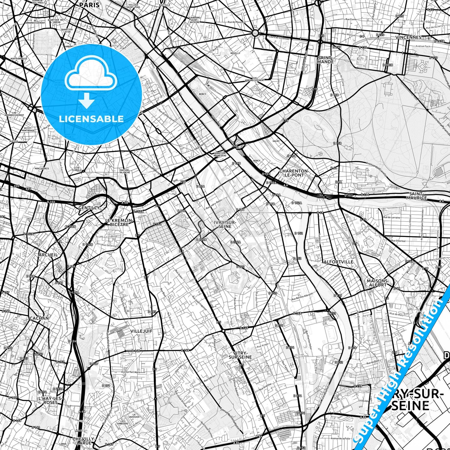 Ivry-sur-Seine, France Light Map with Street Names, City Names, and Districts