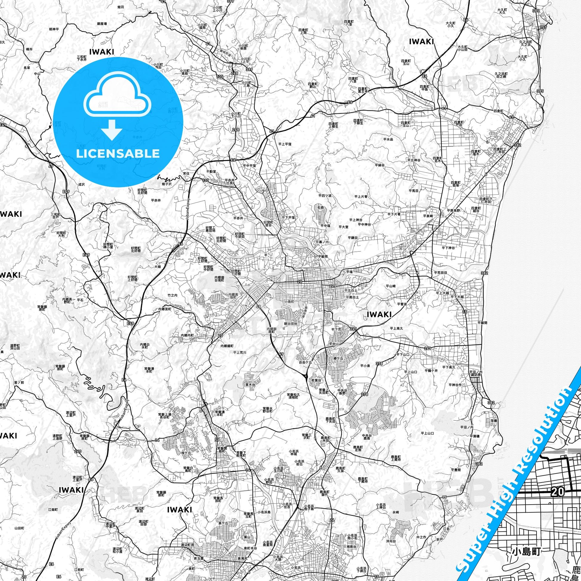 Iwaki, Japan light map with streetnames, citynames and districts