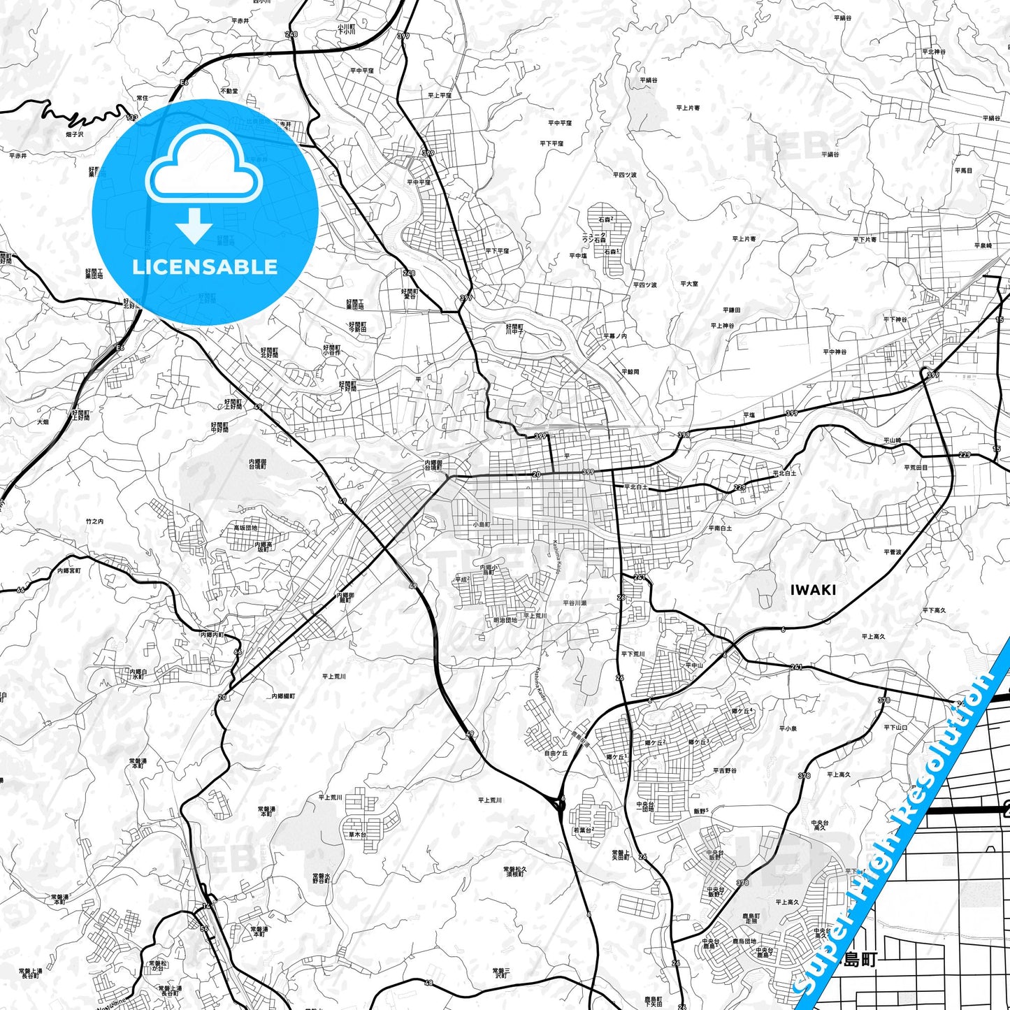 Iwaki, Japan Light Map with Street Names, City Names, and Districts